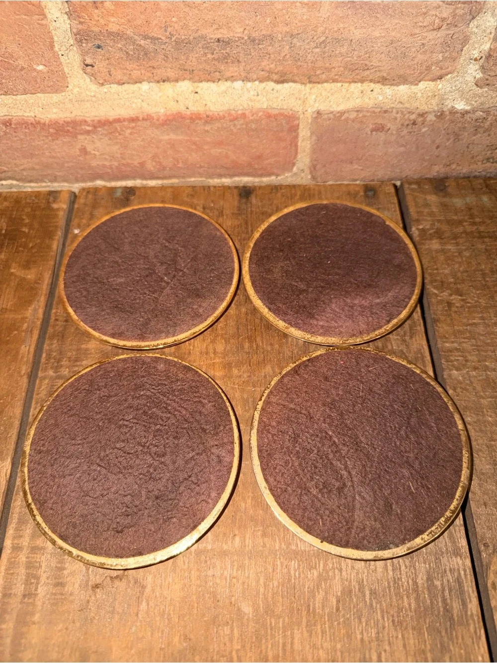 Set of 4 Vintage Golf-Themed Leather & Gold Coasters - Burgundy